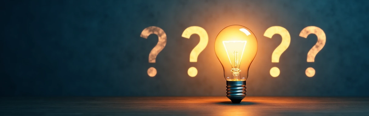 Immagine di sfondo con punti interrogativi e una lampadina che simboleggiano le domande e le risposte.