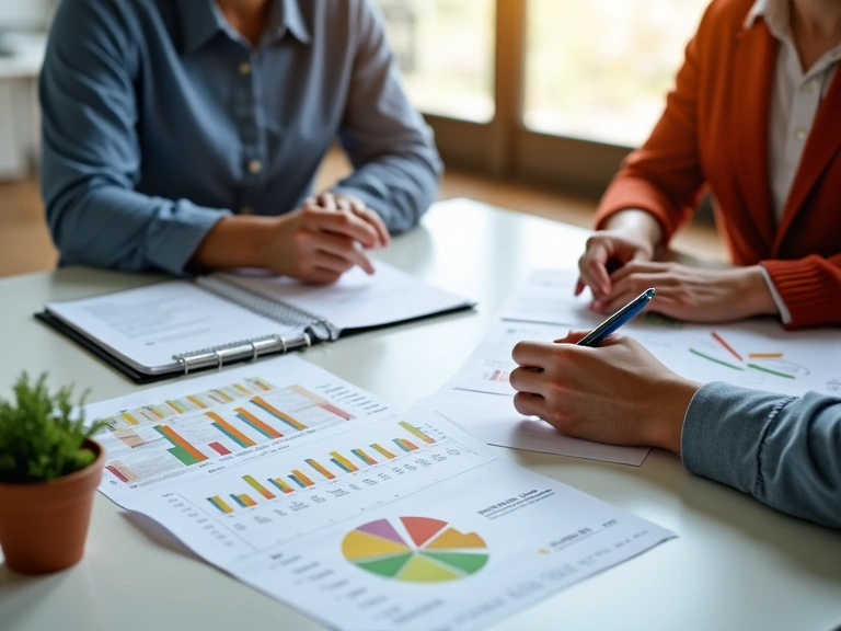 Una persona che consulta un nutrizionista, con grafici e appunti sul tavolo, simboleggiando la consulenza personalizzata.