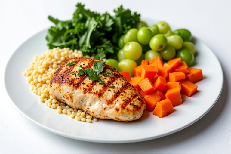 Piatto bilanciato di cibo sano per atleti, con proteine, carboidrati e verdure