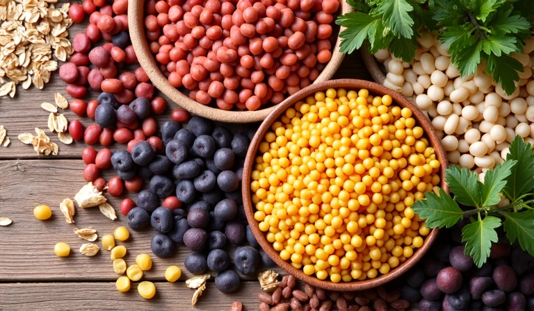 Varietà di legumi come lenticchie, ceci e fagioli, insieme a cereali integrali come avena e riso integrale, disposti su un tavolo di legno.