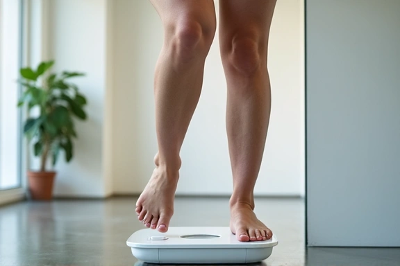 Donna sorridente che si pesa su una bilancia